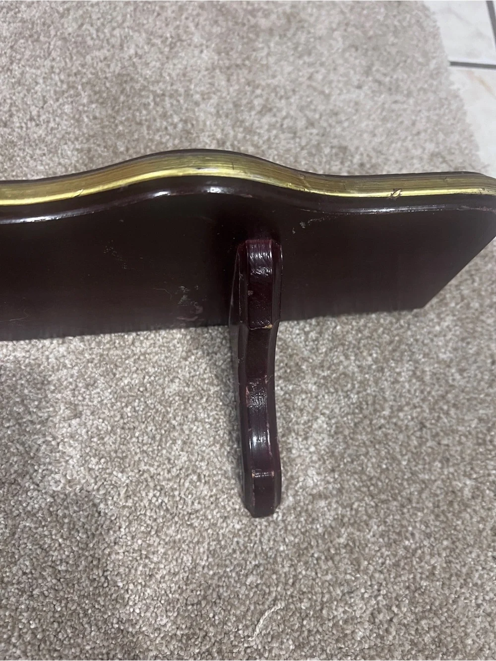 Vintage Wood Wall Shelf 24” Mahogany Burgundy Gold Trim Scalloped Display